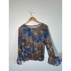 VTG Versailles Y2K Blouse Brown Flare Sleeve Boho Forest Fairy Tie Front Large